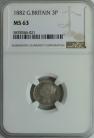 THREEPENCES SILVER 1882  VICTORIA VERY SCARCE NGC SLABBED MS63