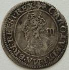 CHARLES I 1642 -1644 CHARLES I THREEPENCE. YORK MINT. BUST IN SCALLOPED LACE COLLAR. REVERSE EBOR ABOVE SHIELD. MM LION LIGHT CRIMPING VF