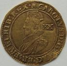 HAMMERED GOLD 1627 -1628 CHARLES I UNITE. TOWER MINT. 2ND BUST IN RUFF, ARMOUR AND MANTLE. REVERSE. CROWN TOPPED SQUARE SHIELD. MM CASTLE. SUPERB PORTRAIT NEF