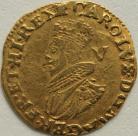 HAMMERED GOLD 1627 -1628 CHARLES I CROWN. GR.B. 2ND BUST IN RUFF, ARMOUR AND MANTLE. REVERSE CROWNED SQUARE TOPPED SHIELD. MM CASTLE VERY SCARCE NVF