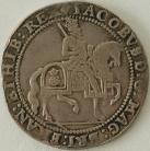 JAMES I 1623 -1624 JAMES I CROWN. 3RD COINAGE. KING ON HORSEBACK. GRASS GROUND LINE  BELOW SQUARE TOPPED SHIELD. MM LIS GVF