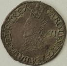 CHARLES I 1634 -1635 CHARLES I SHILLING. TOWER MINT. NO INNER CIRCLES. REVERSE. ROUND GARNISHED SHIELD. MM BELL. FULL FLAN VF