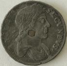 HALFPENCE 1687  JAMES II TIN ISSUE WITH COPPER PLUG. RARE VF