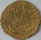 HAMMERED GOLD 1377 -1399 RICHARD II HALF NOBLE. TYPE 3A. LONDON MINT. R IN CENTRE OF REVERSE. RARE GF/NVF