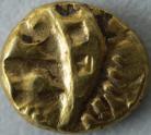 HAMMERED GOLD 125 -100 BC CELTIC GALLO BELGIC. QUARTER STATER. SERIES D. BOAT/TREE TYPE. TWO MEN IN A BOAT. REVERSE. SIMPLIFIED TREE. NEF