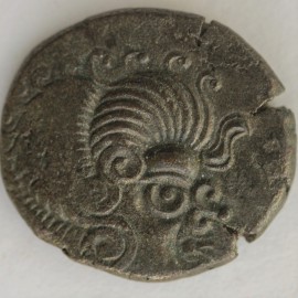 CELTIC 75BC -50BC ARMORICAN BILLON STATER. HEAD OF APOLLO. ANCHOR SHAPED NOSE. REVERSE. HORSE WITH BOAR BELOW  GVF