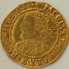 HAMMERED GOLD 1624  JAMES I HALF LAUREL 3RD COINAGE 4TH BUST VALUE BEHIND SMALL TIES MM TREFOIL GVF