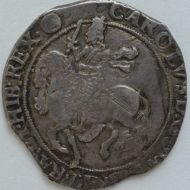 CHARLES I 1641 -1643 CHARLES I HALFCROWN TOWER MINT GROUP 4 FORESHORTENED HORSE MM TRIANGLE IN CIRCLE GVF