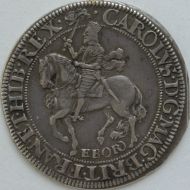 CHARLES I 1638 -1649 CHARLES I HALFCROWN. YORK MINT. TALL HORSE. MANE IN FRONT OF CHEST. EBOR BELOW. REVERSE. OVAL SHIELD. MM LION. A SUPERB SPECIMEN NEF 