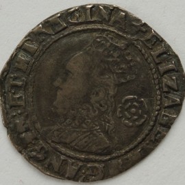 ELIZABETH I 1578  ELIZABETH I THREEPENCE. 5TH ISSUE. TALLER BUST. EAR SHOWS. MM GREEK CROSS GVF