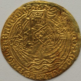 HAMMERED GOLD 1422 -1427 HENRY VI NOBLE 1ST REIGN ANNULET ISSUE CALAIS MINT KING WITH SWORD AND SHIELD STANDING IN SHIP MM LIS TRACES OF MOUNTING  VF