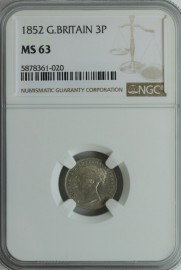 THREEPENCES SILVER 1852  VICTORIA EXTREMELY RARE NGC SLABBED  MS63