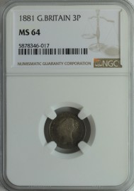 THREEPENCES SILVER 1881  VICTORIA NGC SLABBED TONED MS64