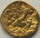 HAMMERED GOLD 150 -50BC CELTIC AMBIANI QUARTER STATER SERIES A LARGE FLAN HEAD OF APOLLO RT REVERSE HORSE RT GF