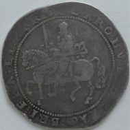 CHARLES I 1643 -1645 CHARLES I CROWN EXETER MINT KING ON HORSEBACK SASH IN LARGE BOW MM ROSE GF