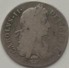 SHILLINGS 1675  CHARLES II 2ND BUST PLUME BELOW AND IN CENTRE OF REVERSE VERY RARE F