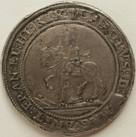 CHARLES I 1642  CHARLES I HALF POUND SHREWSBURY HORSEMAN. NO CANNON IN ARMS. SHREWSBURY MINT. NO PLUME IN OBVERSE FIELD. MM PLUME/PELLETS GVF