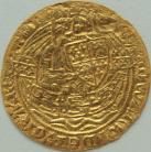 HAMMERED GOLD 1360  EDWARD III HALF NOBLE. TRANSITIONAL TREATY PERIOD. ANNULETS AT CORNERS OF CENTRAL PANEL. KING STANDING IN SHIP. MM CROSS 3. SCARCE. (MADE ROUND) GVF