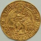 HAMMERED GOLD 1509 -1526 HENRY VIII ANGEL. ST.MICHAEL SLAYING DRAGON. REVERSE SHIP SAILING RIGHT. H AND ROSE EITHER SIDE OF CROSS. MM CASTLE. SCARCE. WAVY FLAN GVF