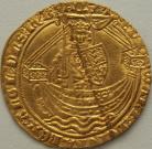 HAMMERED GOLD 1361 -1369 EDWARD III NOBLE. TREATY PERIOD. LONDON. GR.B. ANNULET BEFORE EDWARD. E IN CENTRE OF REVERSE. MM CROSS POTENT. CREASED NEF
