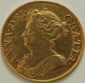 GUINEAS 1712  ANNE ANNE 3RD BUST. 12 OVER 02. UNRECORDED. EXTREMELY RARE. EDGES SMOOTHED GVF