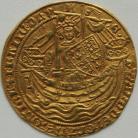 HAMMERED GOLD 1356 -1361 EDWARD III NOBLE. 4TH COINAGE. PRE-TREATY PERIOD. SERIES G. LONDON. KING STANDING FACING IN SHIP. HOLDING SWORD AND SHIELD. ANNULET STOPS. REVERSE. FLORIATED CROSS WITH LIS AT ENDS. MM CROSS PATTEE. NICE PORTRAIT NEF
