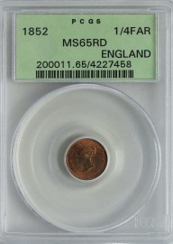 QUARTER FARTHINGS 1852  VICTORIA PCGS SLABBED FULL LUSTRE A SUPERB EXAMPLE MINT STATE MS65