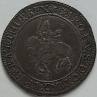 CHARLES I 1645 -1646 CHARLES I CROWN. TOWER MINT UNDER PARLIAMENT. GR IV. TYPE 4 HORSEMAN. KING ON HORSEBACK. SWORD UPRIGHT. REVERSE OVAL SHIELD. MM SUN. A SUPERB EXAMPLE EF