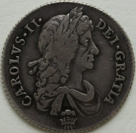 SHILLINGS 1674  CHARLES II 2ND BUST. PLUME BELOW AND IN CENTRE OF REVERSE. EXTREMELY RARE NVF