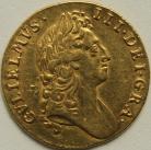 GUINEAS 1695  WILLIAM III WILLIAM III 1ST BUST. REVERSE CROWNED CRUCIFORM SHIELDS. SCEPTRES IN ANGLES S3458 GVF