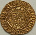 HAMMERED GOLD 1413 -1422 HENRY V QUARTER NOBLE. CLASS C. LIS ABOVE SHIELD. BROKEN ANNULET TO LEFT AND MULLET TO RIGHT OF SHIELD. READS 'EXCVLTABITVR' IN GLORIA. A RARE MISSPELLING OF EXALTABITVR. MM PIERCED CROSS. GVF