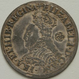 ELIZABETH I 1564  ELIZABETH I SIXPENCE. MILLED COINAGE. LARGE BROAD BUST. ELABORATELY DECORATED DRESS. SMALL ROSE. CROSS PATTEE ON REVERSE. MM STAR. SCARCE DATE VF