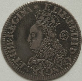 ELIZABETH I 1562  ELIZABETH I SIXPENCE. MILLED COINAGE. TALL BUST. DECORATED DRESS. SMALL ROSE. REVERSE. CROSS FOURCHEE. MM STAR.  GVF