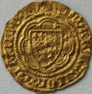 HAMMERED GOLD 1356 -1361 EDWARD III QUARTER NOBLE. 4TH COINAGE PRE TREATY PERIOD SERIES G LONDON SQUARE TOPPED SHIELD IN DOUBLE TRESSURE MM CROSS 3. (MINUTE CRACK) VF