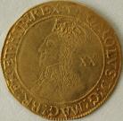 HAMMERED GOLD 1635 -1636 CHARLES I UNITE. GROUP D. BUST 5. KING WITH FALLING LACE COLLAR. REVERSE CROWNED OVAL SHIELD WITH 