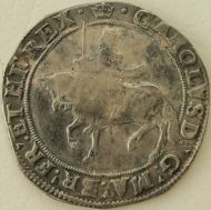 CHARLES I 1635 -1636 CHARLES I HALFCROWN. TOWER MINT. GR 3. THIRD HORSEMAN. SCARF FLYING FROM KINGS WAIST. REVERSE. OVAL GARNISHED SHIELD. MM CROWN. GVF 