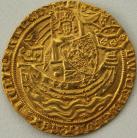 HAMMERED GOLD 1356 -1361 EDWARD III NOBLE 4TH COINAGE PRE- TREATY PERIOD. SERIES G. LONDON KING STANDING FACING IN SHIP HOLDING SWORD AND SHIELD ANNULET STOPS REVERSE FLORIATED CROSS WITH LIS ENDS MM CROSS 3 GVF
