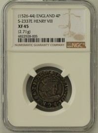 HENRY VIII 1526 -1544 HENRY VIII GROAT. 2ND COINAGE. LAKER BUST D. LARGE FACE WITH ROMAN NOSE. MM LIS. NGC SLABBED XF45. STRONG PORTRAIT GVF