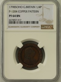 FARTHINGS 1798  GEORGE III SOHO PROOF PATTERN IN COPPER. BY KUCHLER. BMC 1204. NGC SLABBED. PF64BN. VERY SCARCE. FDC