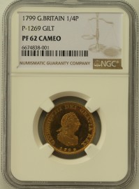 FARTHINGS 1799  GEORGE III SOHO PROOF IN GILT COPPER.BMC 1269. VERY SCARCE. NGC SLABBED. PF62 CAMEO PF62