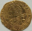 HAMMERED GOLD 1619 -1620 JAMES I QUARTER LAUREL. 3RD COINAGE. 4TH BUST. MM SPUR ROWEL. LIGHT CREASE GVF