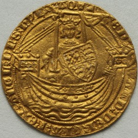 HAMMERED GOLD 1361 -1369 EDWARD III NOBLE. TREATY PERIOD. CALAIS MINT. C IN CENTRE OF REVERSE. NO FLAG AT STERN OF SHIP  VF