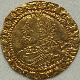 HAMMERED GOLD 1620 -1621 JAMES I QUARTER LAUREL. 3RD COINAGE. 4TH BUST. MM ROSE NEF