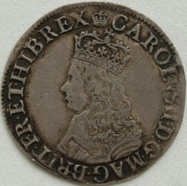 CHARLES II 1660 -1662 CHARLES II SHILLING. 1ST ISSUE. CROWNED BUST. WITHOUT INNER CIRCLES. MM CROWN  GVF