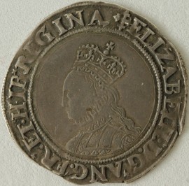 ELIZABETH I 1560 -1561 ELIZABETH I SHILLING. 2ND ISSUE. BUST 3C BEADED INNER CIRCLES MM CROSS CROSSLET. VF