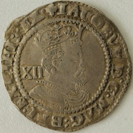 JAMES I 1623 -1624 JAMES I SHILLING. 3RD COINAGE. 6TH BUST. LONG CURLY HAIR MM LIS/TREFOIL GVF