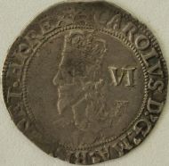 CHARLES I 1628 -1629 CHARLES I SIXPENCE.TOWER MINT.GROUP E.TYPE 4. ABERYSTWYTH BUST. DOUBLE ARCHED CROWN. VALUE VI OVER XII. VERY RARE ERROR. MM ANCHOR. VF