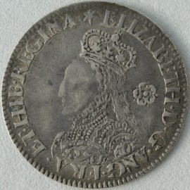 ELIZABETH I 1562  ELIZABETH I SIXPENCE. MILLED COINAGE. TALL BUST. DECORATED DRESS. SMALL ROSE. REVERSE. CROSS FOURCHEE. MM STAR.  NVF