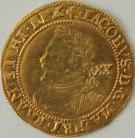 HAMMERED GOLD 1623 -1624 JAMES I LAUREL. 3RD COINAGE. 4TH BUST. TOWER MINT. TIE ENDS FORM BRACKET TO VALUE. MM LIS. NEF