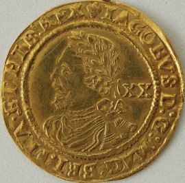 HAMMERED GOLD 1624 -1625 JAMES I LAUREL. 3RD COINAGE. 4TH BUST. TOWER MINT. SMALL TIES. MM TREFOIL GVF